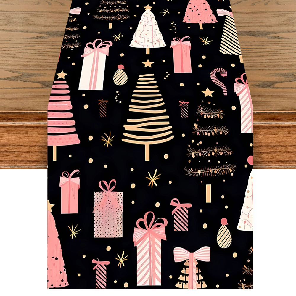 Christmas Table Runner - Weihnachts-Tischläufer Rosa Weihnachtsbaum-Geschenkbox-Muster Polyester-Tischdecke Dekoration für